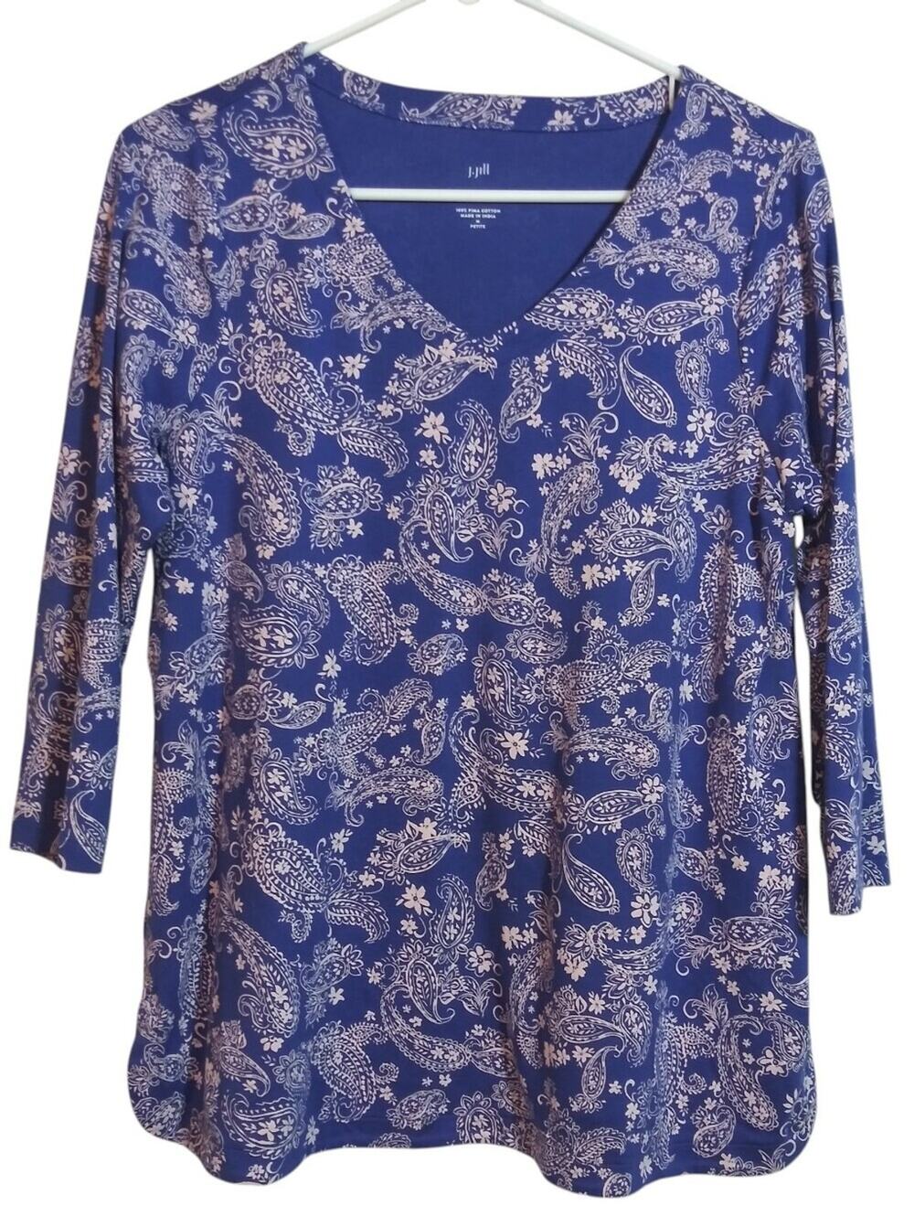 J. Jill Pima 3/4-Sleeve V-Neck Tee Paisley Natural Size PM